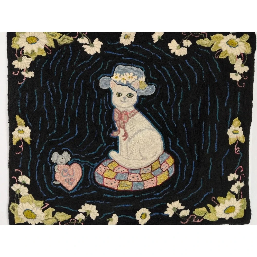 Antique VTG Hooked Rug Wool Cat Kitten In Hat 35x30 Hand Made Black White Floral